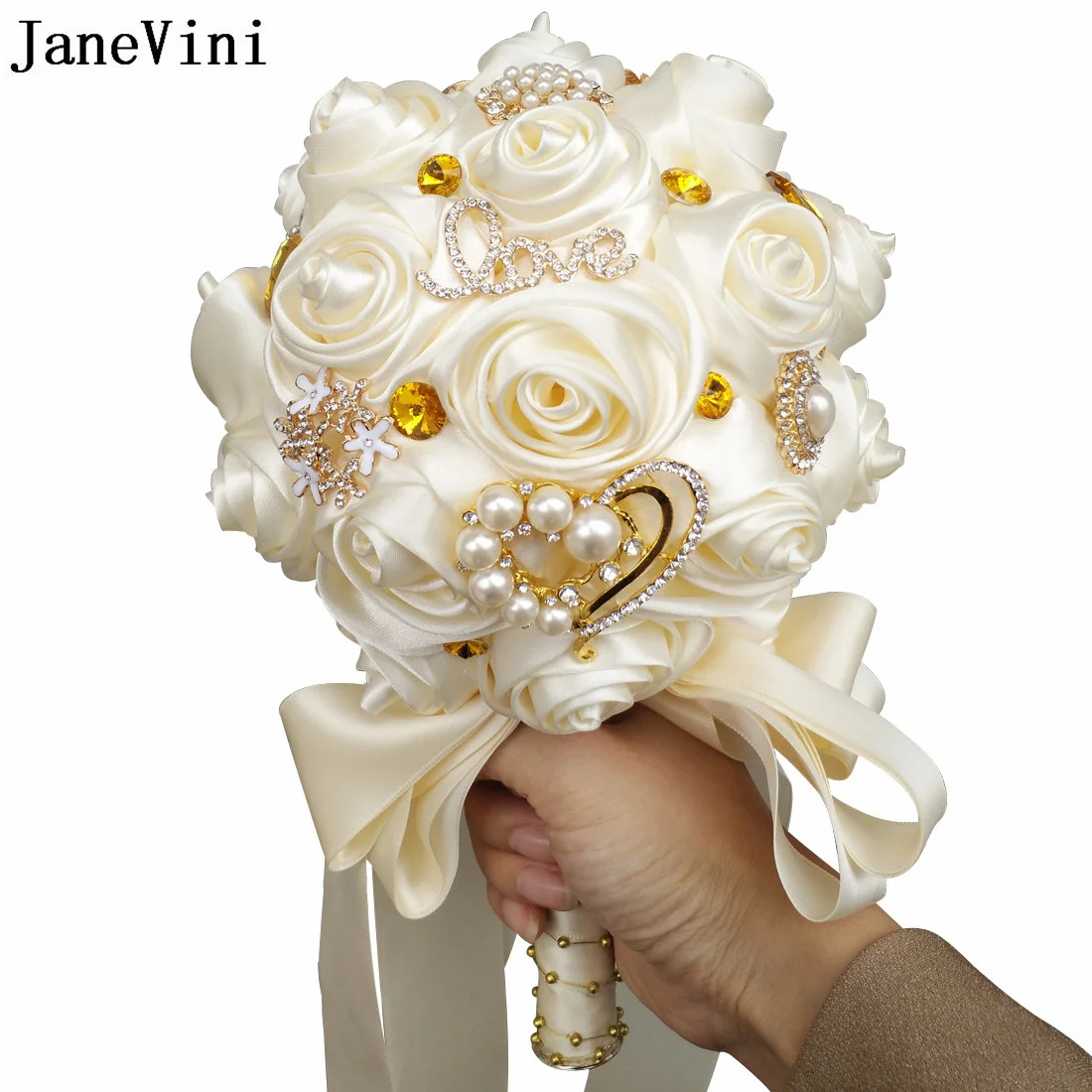 JaneVini Gold Crystal Diamond Bridal Wedding Bouquet Pearls Ivory Ribbon Rose Beaded Bride Flower Bouquet Fleurs Fleur Bordeaux