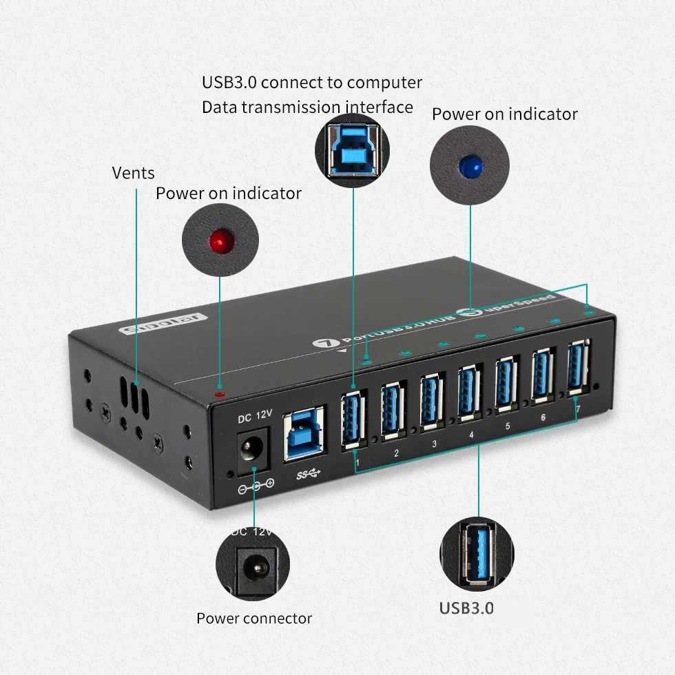 1.0 متر 7-Port USB 3.0 Hub Power Supply يستخدم في وقت واحد محرك الأقراص الصلبة USB3.0 الفاصل لأجهزة الكمبيوتر المحمول، قابس الولايات المتحدة
