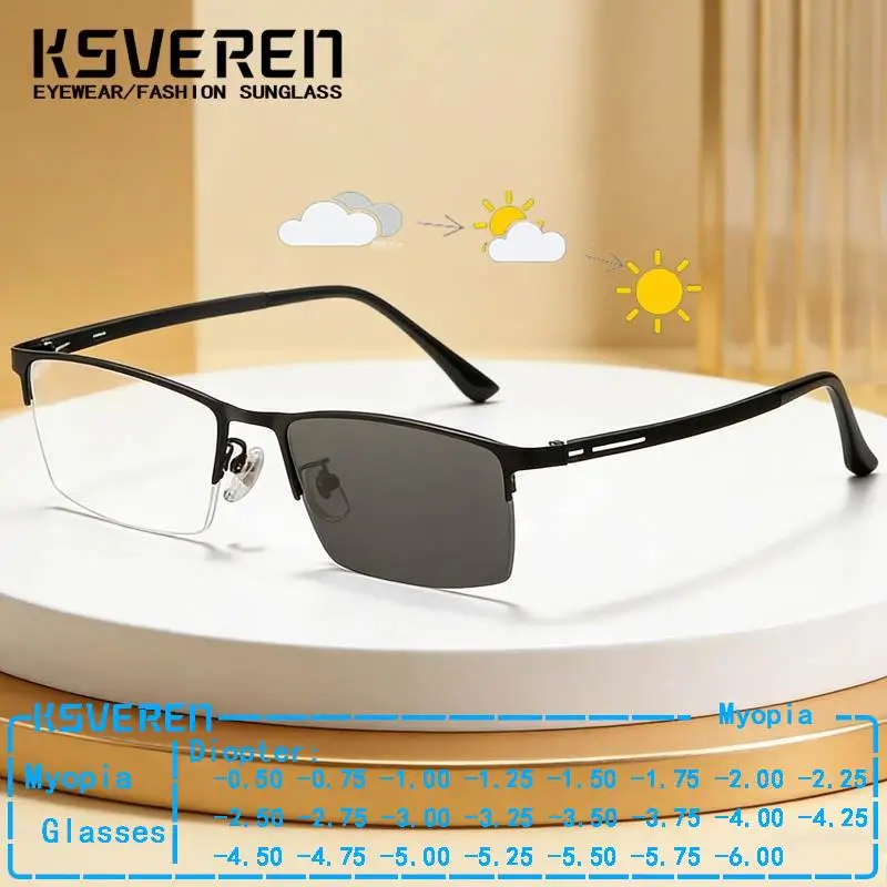 

Ultra Light Titanium Half Frame Photochromic Myopia Glasses Men Business Prescription Eyewear Discolor Nearsighted Eyeglasses