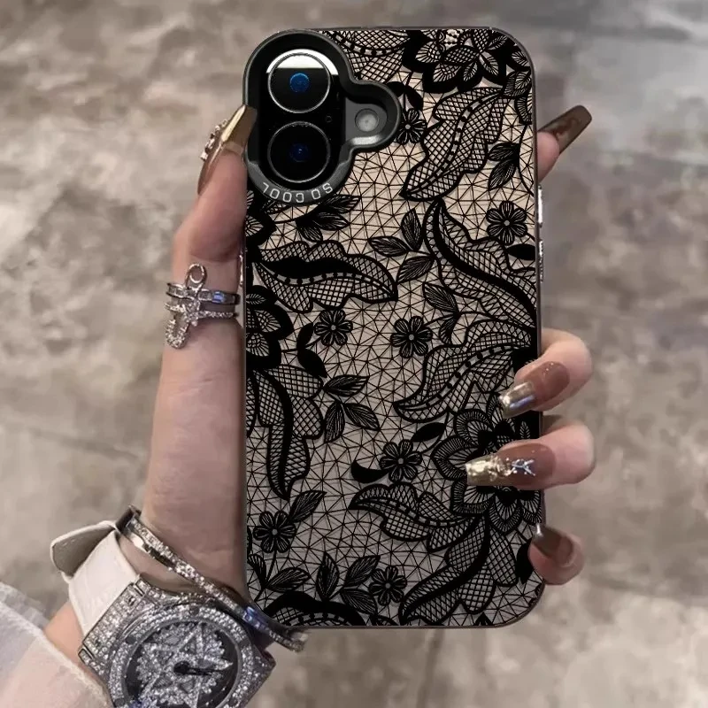 Black Lace Pattern Phone Case For Samsung Galaxy S25 S24 S22 S23 S21 Ultra FE Plus A16 A36 A53 A56 A35 A55 A54 A34 A33 A15 Cover