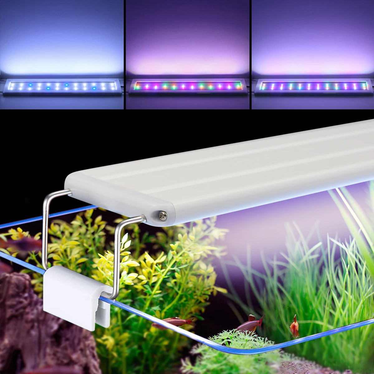 

LED Aquarium Light Extensible Clip-On Aluminum Bar Fish Tank Aquatic Plant Grow Lamp Blue/White 3-Color Change with 220V EU Plug