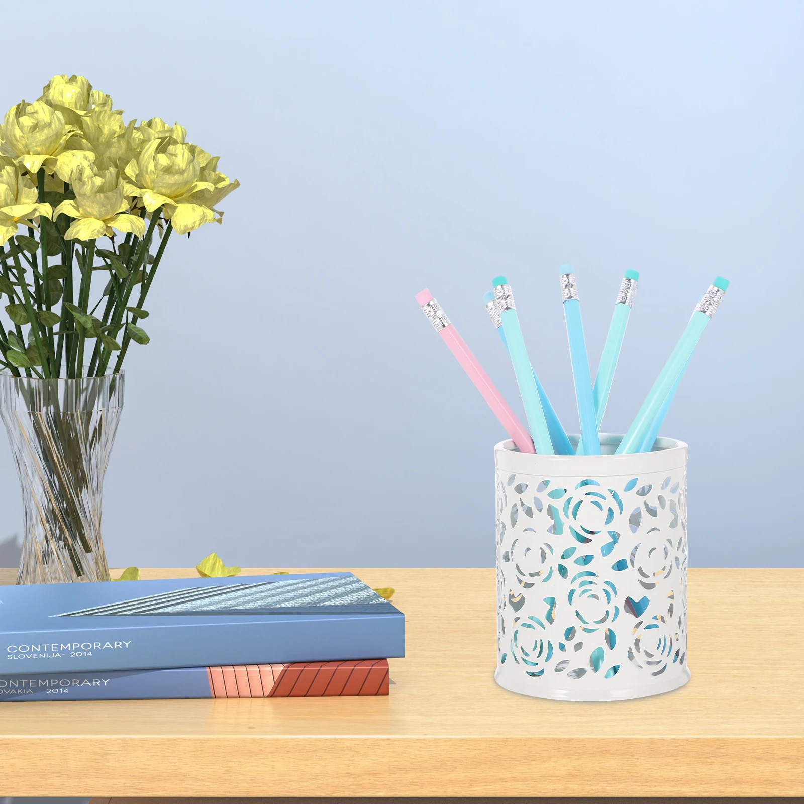

Multifunctional Pen Desk Organizer Metal Pencil Cup White Large Capacity Pen Holder Storage Office Accessories