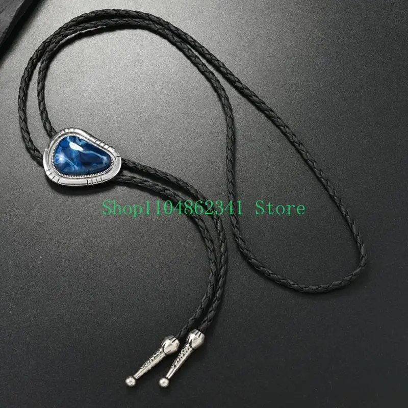 

652F Irregular Colored Stone Bolo Tie Faux Leather Cord Rodeos Pendant Necktie for Men Women Necklace Formal or Casual Wear
