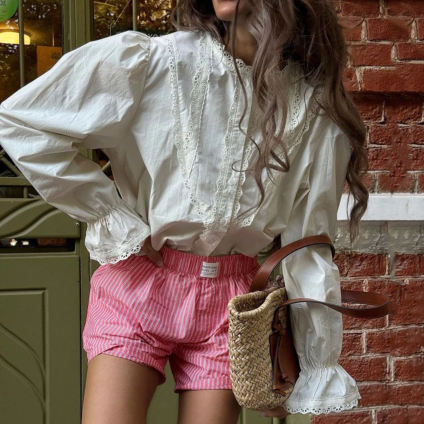 

Linad винтажные белые кружевные рубашки с расклешенными рукавами, элегантная однобортная блузка, женская 2021, уличные шикарные топы с воротником-стойкой, женские осенние топы