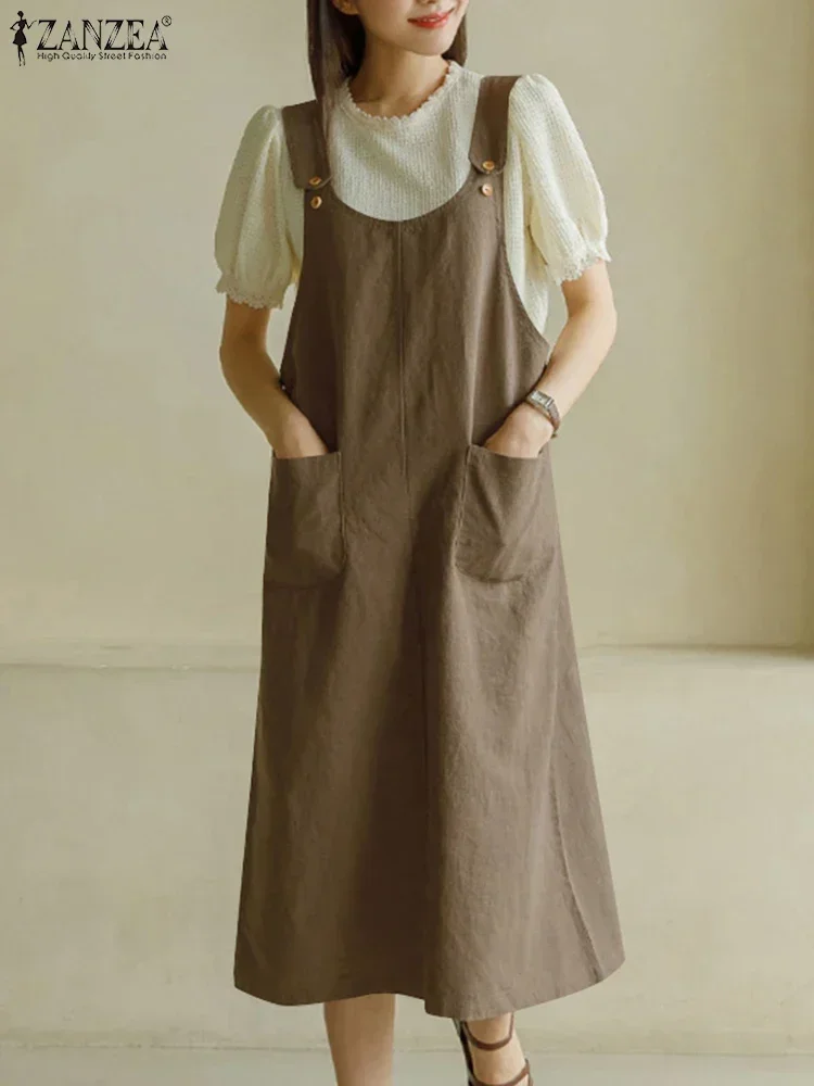 ZANZEA Women Summer Tank Long Dress 2025 Sleeveless Pockets Robe Casual Loose Adjust Suspender Sundress Fashion Solid Midi Dress