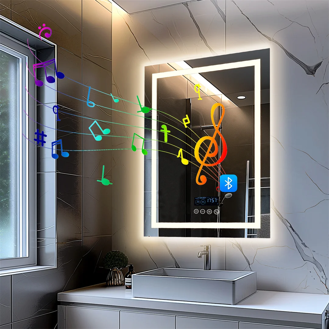 LUVODI Bluetooth Bathroom Mirror Time Temperature Display Wall Hang Vanity Mirror with Bluetooth Speaker Dimmable Anti-fog