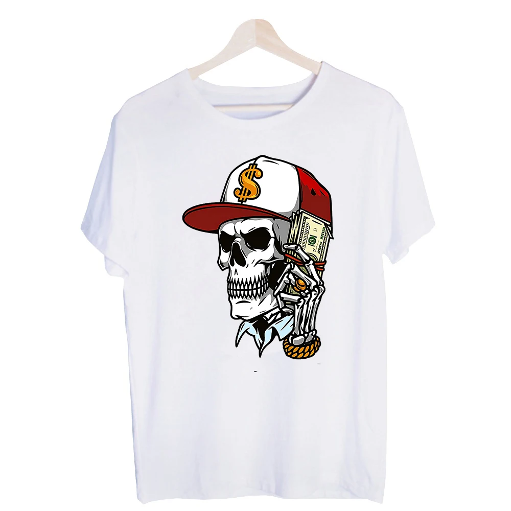 Men's Skull with Money and Cap Graphic Tee, Short Sleeve Crew Neck T-Shirt for Urban Streetwear and Casual Outfits
