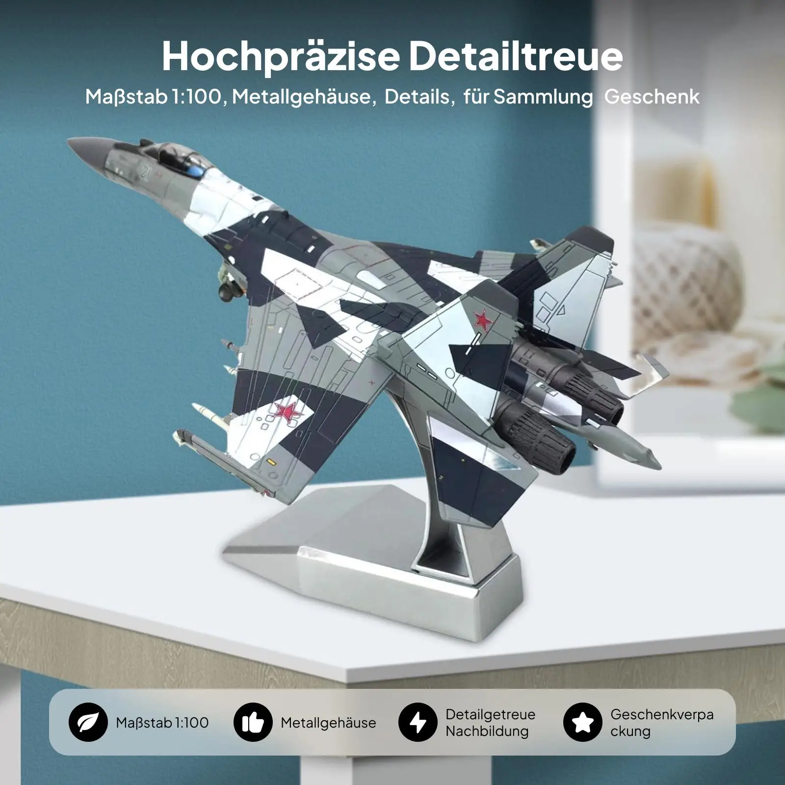 نموذج دييكاست بمقياس 1/100 لطائرة SU-35 مع حامل عرض، تصميم جميل، تذكار، مقاس 8.66×5.7 بوصة، للعرض الثابت