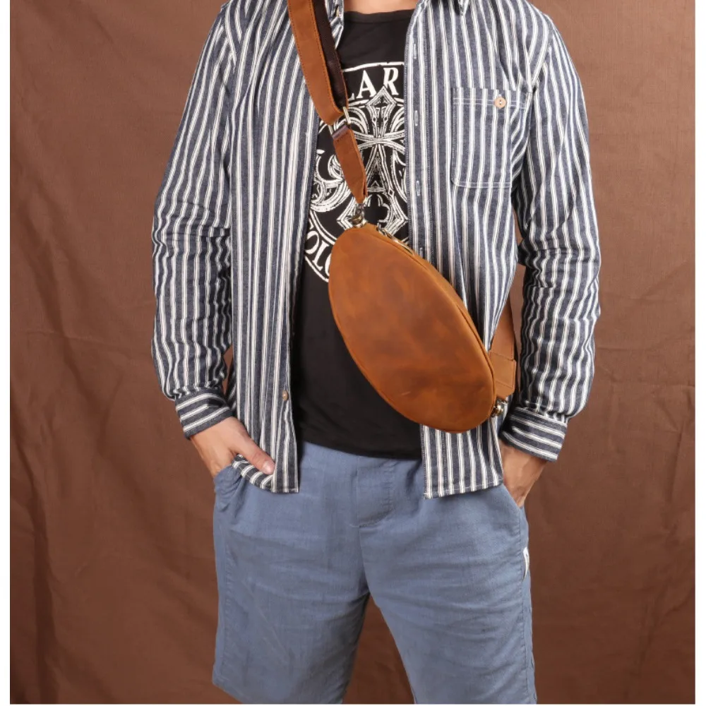 Crazy Horse Leather Bag Men's crossbody bag, genuine leather high-end chest bag, personalized rugby single-shoulder bag