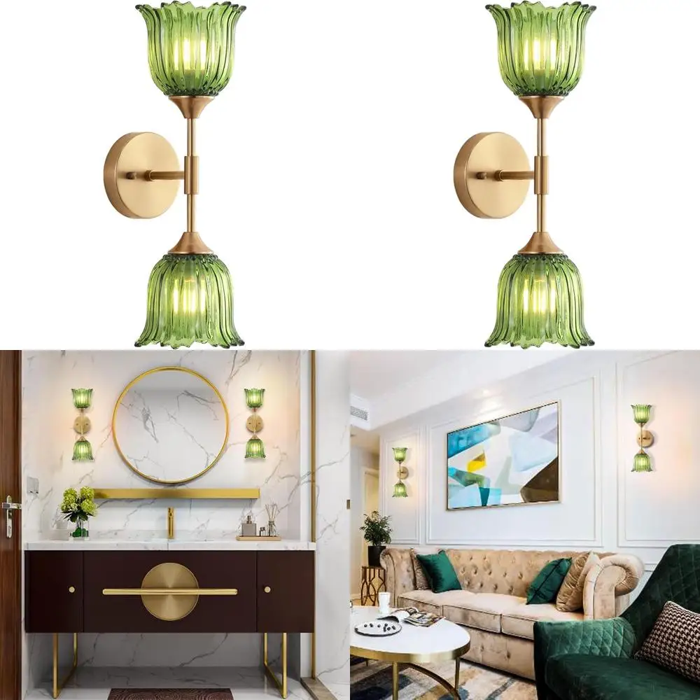 

Mid-Century Modern Brushed Brass Wall Sconce with Green Glass Shades for Bathroom Vanity and Living Room