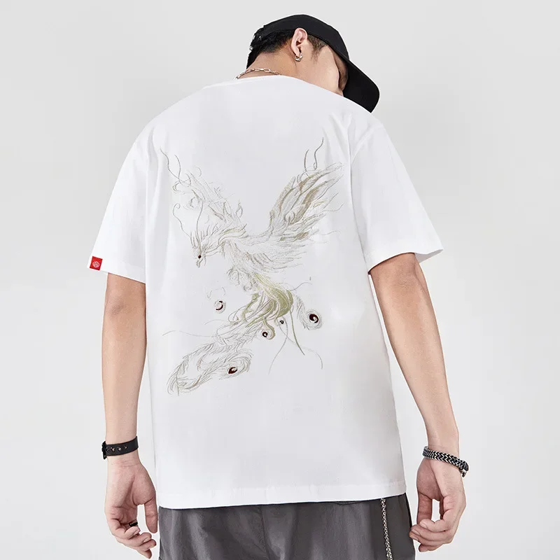 2023 Summer New Pure Cotton Loose Short Sleeve T-shirt Men\'s National Trend Chinese Style Phoenix Embroidery T Shirt Men M-5XL