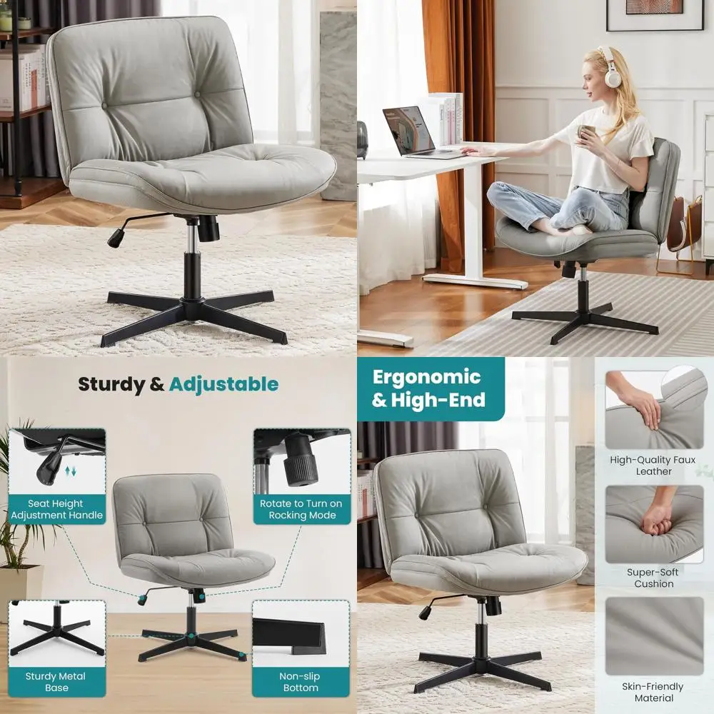 

Gray Swivel Office Chair - Armless, Cross-Legged, PU Leather Seat for Home & Bedroom