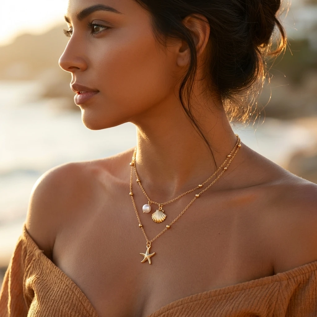 Minimalistische Seestern-Kugelketten-Halsketten für Frauen Doppelschichtige Metall-Muschel Seestern-Anhänger Halsketten Urlaubsparty-Schmuck – Detail 2