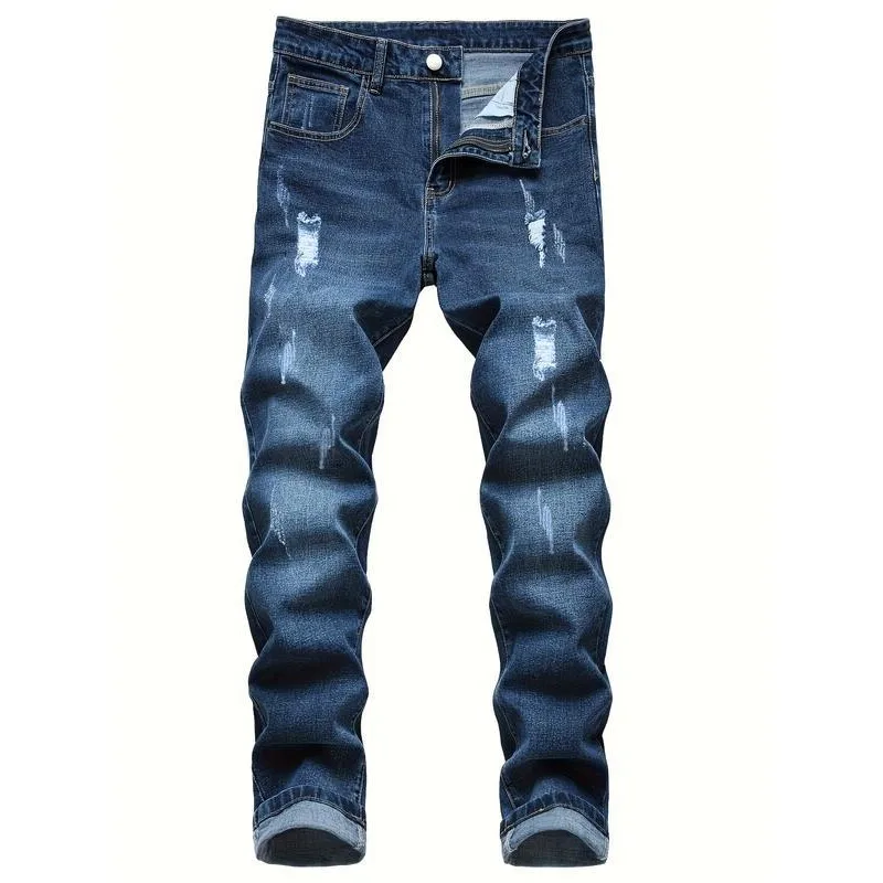 

Men's Stretch Slim Fit Jeans Low Waist Drawstring Cuffed Casual Straight Leg Denim Pants Non-Shrinkage Spring Fashion