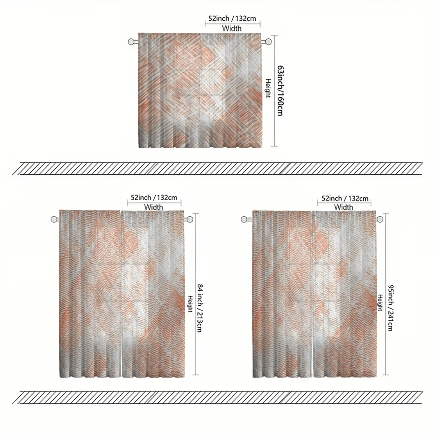 2 Pieces HD Digital Orange geometric lines Printed Window Screen Home Decor Style Decoration Living Room Bedroom Rod