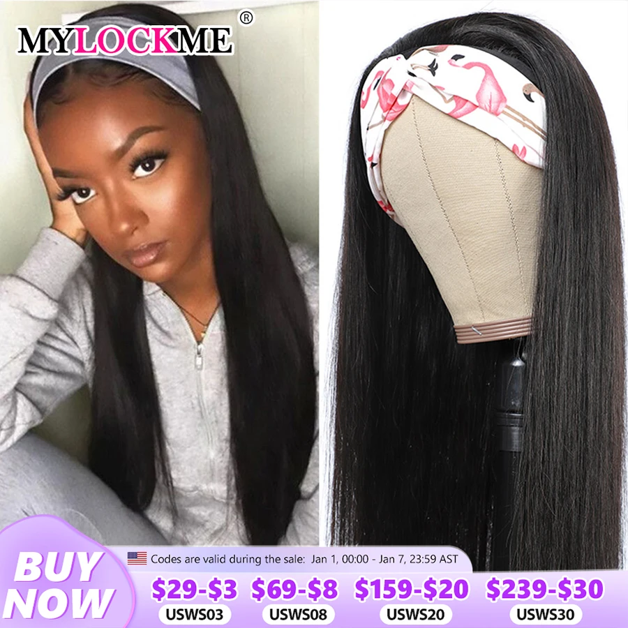 MYLOCKME Women's Headband Wig Human Hair Straight No Glue Brazilian Wigs For Black Women Remy Full Machine Made Fast Delivery