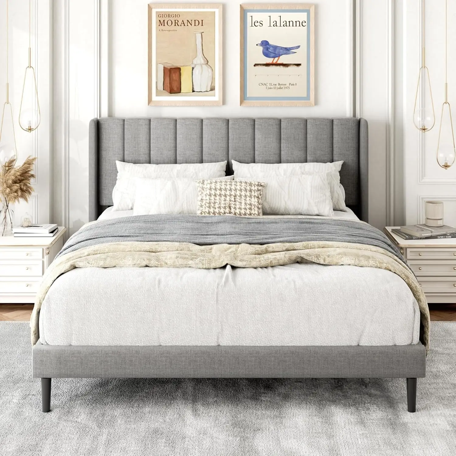

Queen Size Bed Frame with Upholstered Headboard, Easy Assembly Platform Bed, Wooden Slat Support, Light Gray