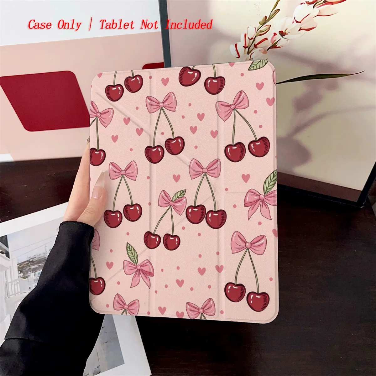 

Cute Y-Fold Acrylic Soft Pink Bowknots & Bright Red Cherries Pattern iPad Cover For Apple iPad 10.2/10.9 Inch Shockproof Case