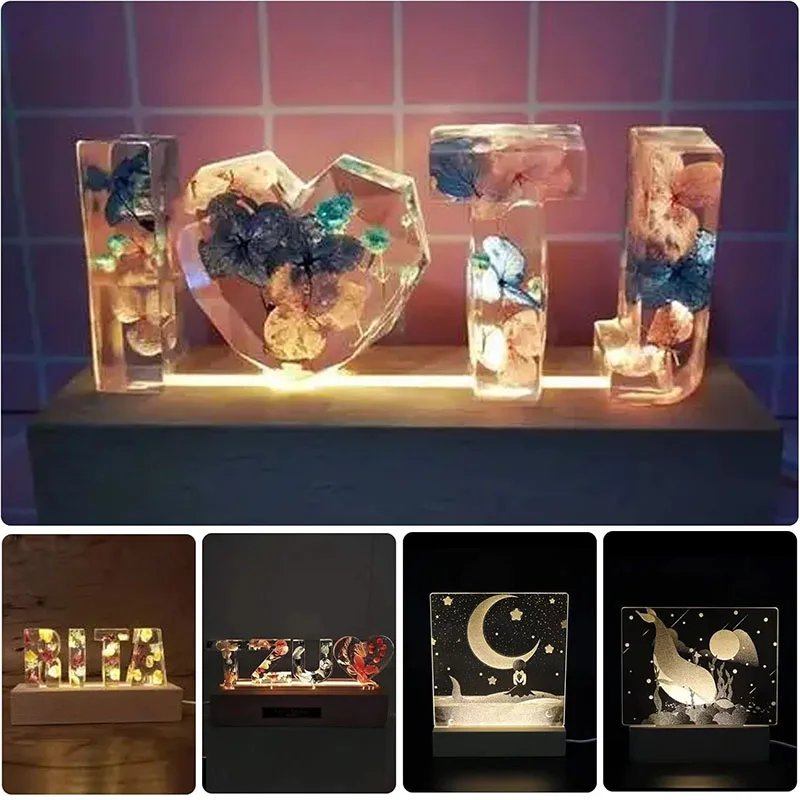 1-2 قطعة LED ضوء الخشب عرض مستطيلة كريستال خشبية مضاءة قاعدة حامل أضواء الاكريليك لوحة قاعدة USB للديكور الفني الراتنج