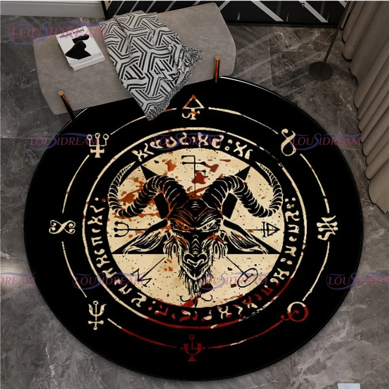 Satanic Goat Gothic Punk Pentagram Round Rug Non Slip Doormat  Floor Horror Devil Rug Living Room Mats Witch Round Rug