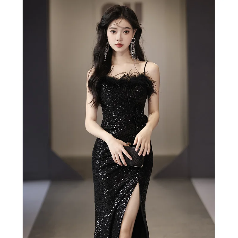 

Elegant Black Sequins Spaghetti Strap Dress Feather Celebrity Evening Dress Sequin Suspender Fishtail Sexy Trendy Mermaid Dress