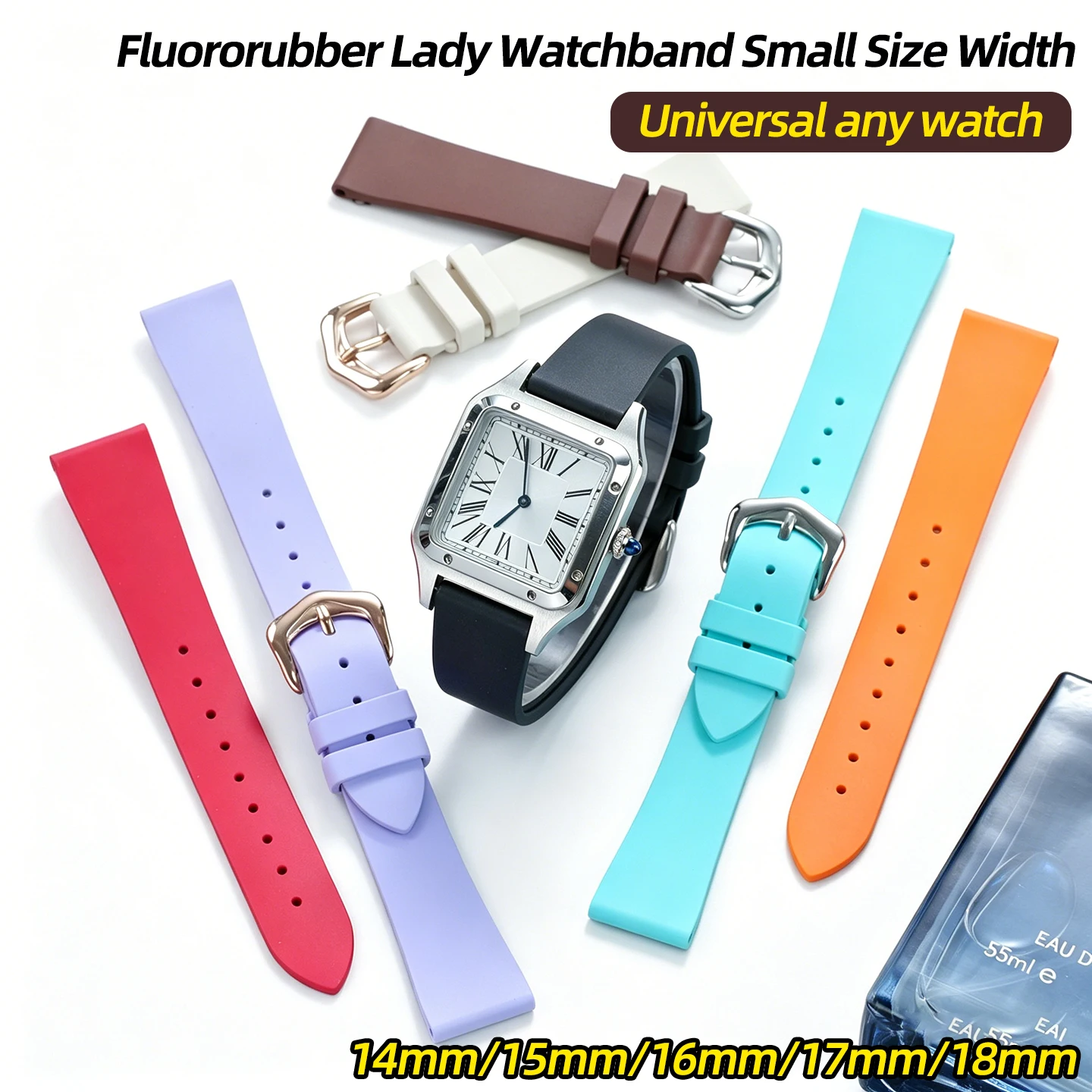 14mm/15mm/16mm/17mm/18mm Small Size Width Fluororubber Watchband for Cartier Santos Dumont Tank London series Omega Tissot strap