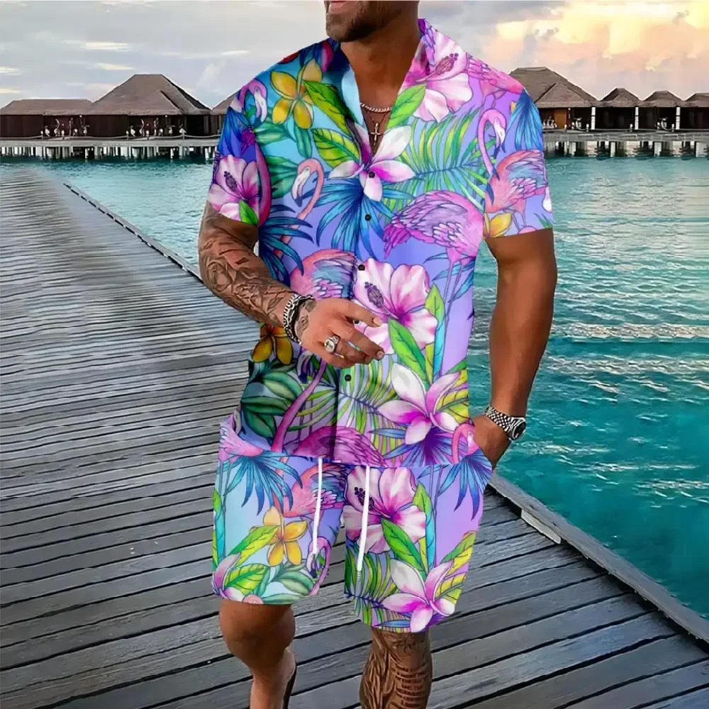 Conjunto de camisa de manga corta con estampado 3D de flores para hombre, pantalones cortos de playa informales de gran tamaño, ropa de calle, trajes hawaianos, moda de verano