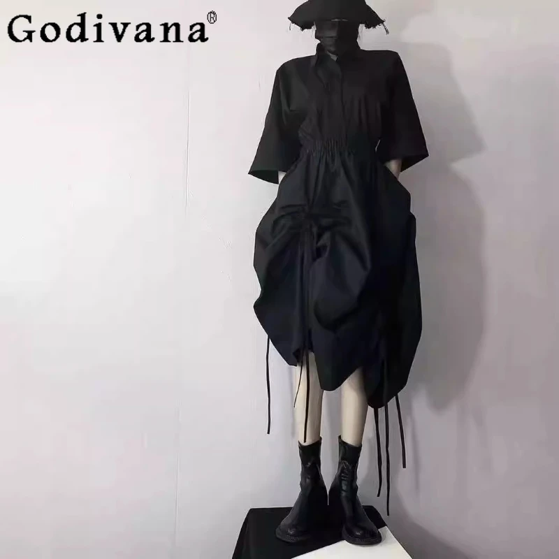 

2025 Summer New Thin Loose Irregular Seven-quarter Sleeve Shirt Personalized Women's Drawstring Lace-up Black Japanese Skirt
