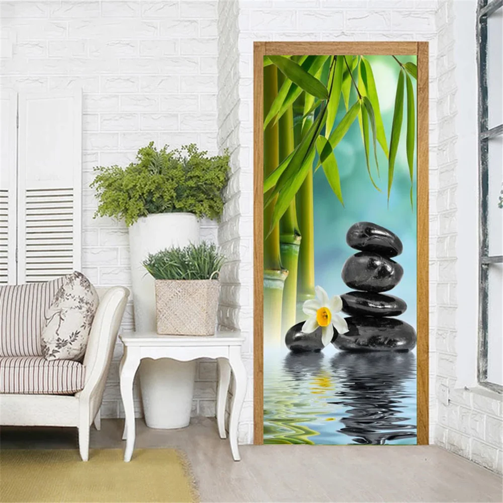 Zen Stone Bamboo Door Sticker Phalaenopsis Flower Leaves Print Door Wallpaper Modern Meditation Theme Plant for Home Wall Decor