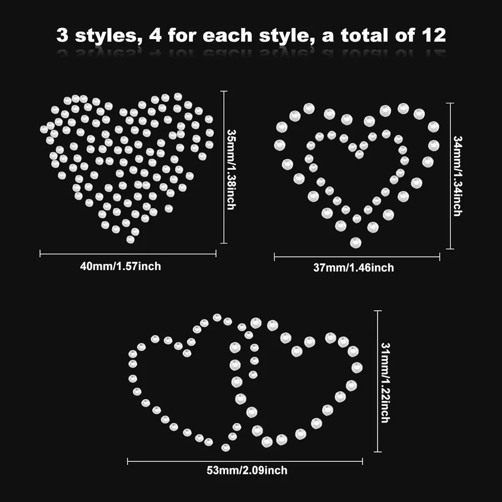 12 PCS Bling Heart Hotfix Rhinestones, Glitter Heart Iron On Patches, 3 Styles Heart Rhinestone Iron On Transfers for DIY