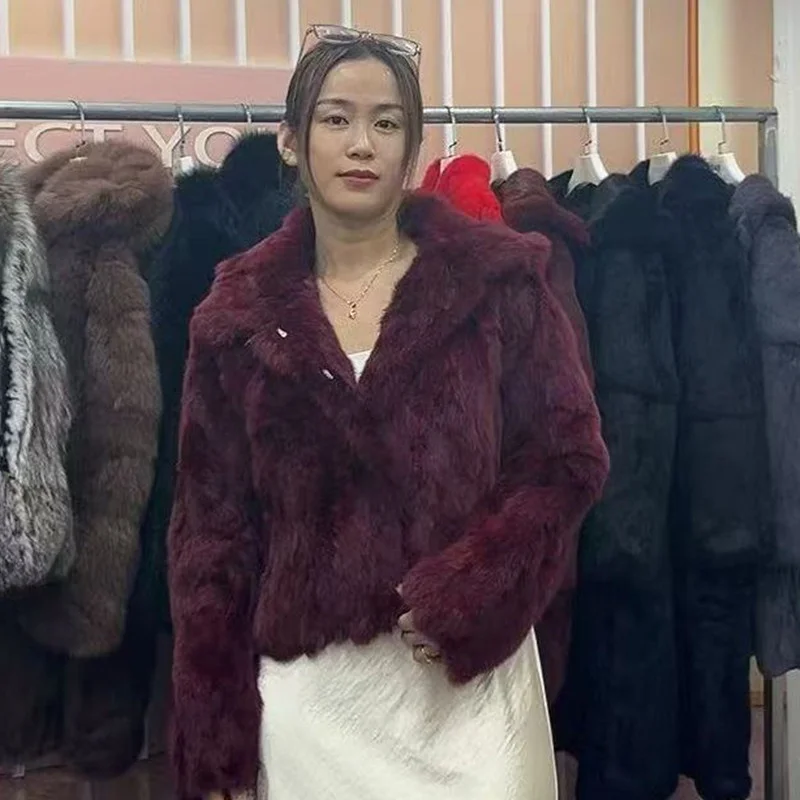 Lady Real Rabbit Fur Coat Jacket 2025 New Korean women Black Fashion Winter Warm Luxury natural fur clothes