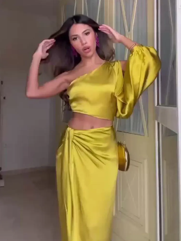 TRAF Woman Summer Sexy Asymmetric Satin Solid Yellow Long Dress Women Ruched Off Shoulder Eleganckie sukienki na wieczorne przyjęcie