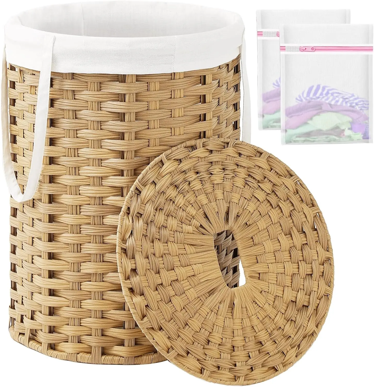

Round Wicker Laundry Basket with Lid, 19 Gal Capacity, Removable Mesh Bags & Handles for Bathroom Living Room