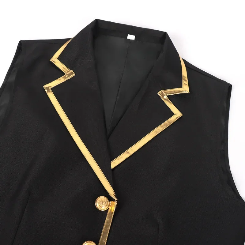 Herren-Satinweste in Schwarz mit Goldbesatz und Kette, elegante, figurbetonte Weste für Smoking, geeignet für Hochzeiten, Partys, Abschlussbälle und Bankette. – Detail 15