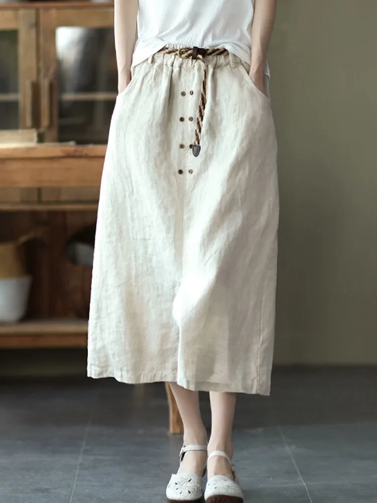 High Waist Casual Skirts Women New Arrival 2022 Summer Vintage Style Loose Cotton Linen Ladies A-line Long Skirt With Belts D326