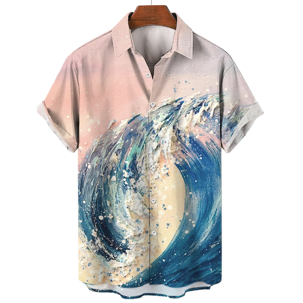 Camisas masculinas de ondas oceânicas, camisas de praia havaianas para surf 3D, tops Y2K de manga curta, roupas vintage, blusa de lapela