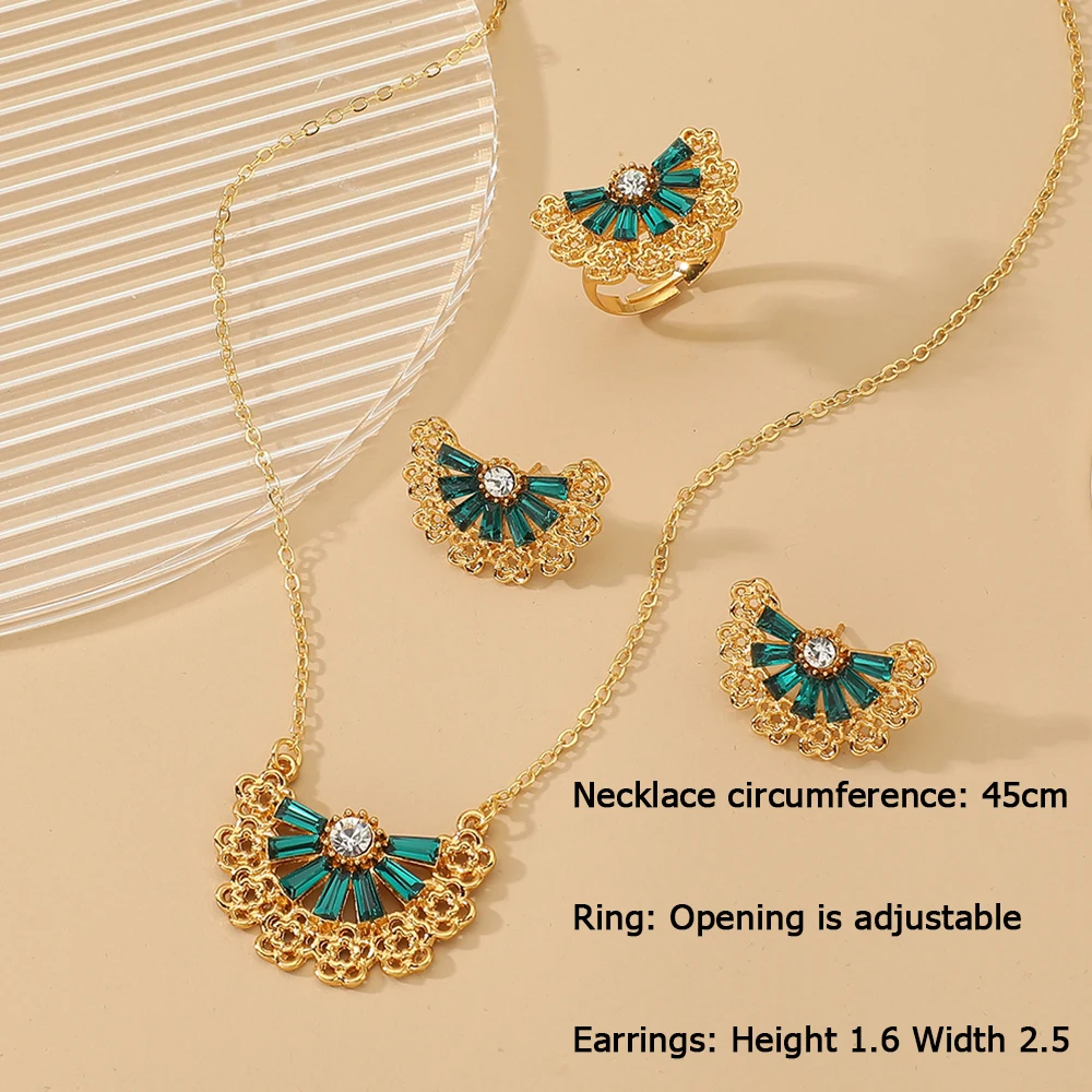 Golden Stainless steel necklace + earrings + ring Set for Women\'s Jewelry sector geometric Emerald Pendant Fashion Gift