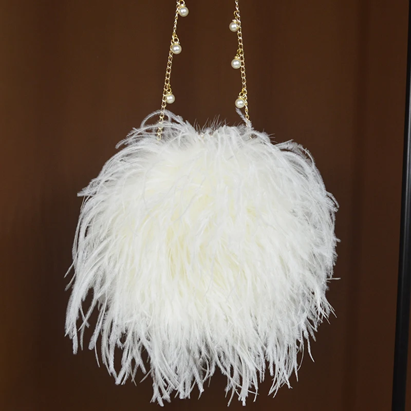 Luxury Ostrich Feather Evening Bags for Women, Female Party Wedding Dress, Shoulder Clutch, Fairy Pearl Chain Handbag, Purses