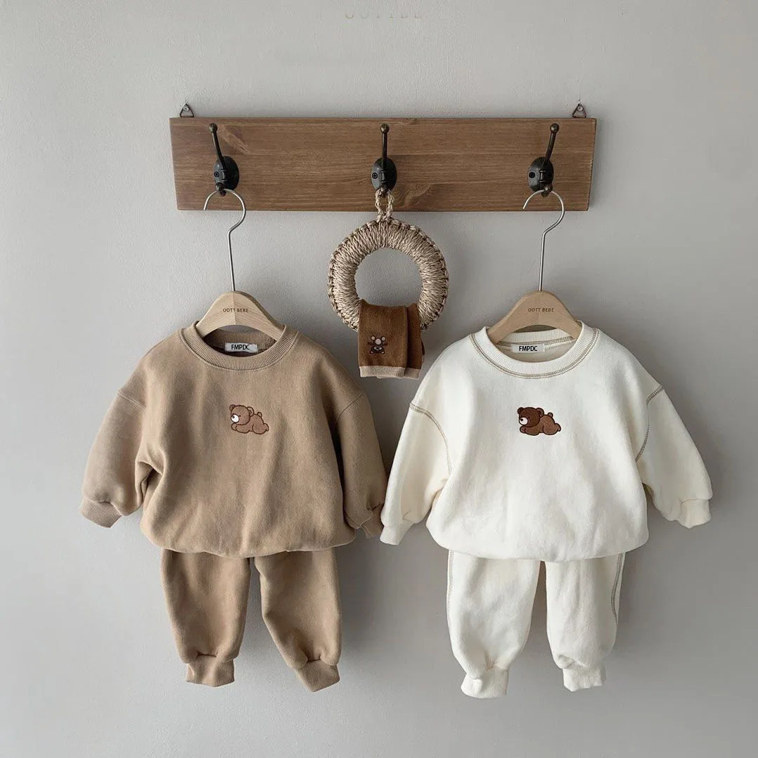 Newborn Baby Girls Boys Solid Color Clothes Set Bear Embroidery Long Sleeve O-neck Tops + Long Pants Kid Clothing Accessories