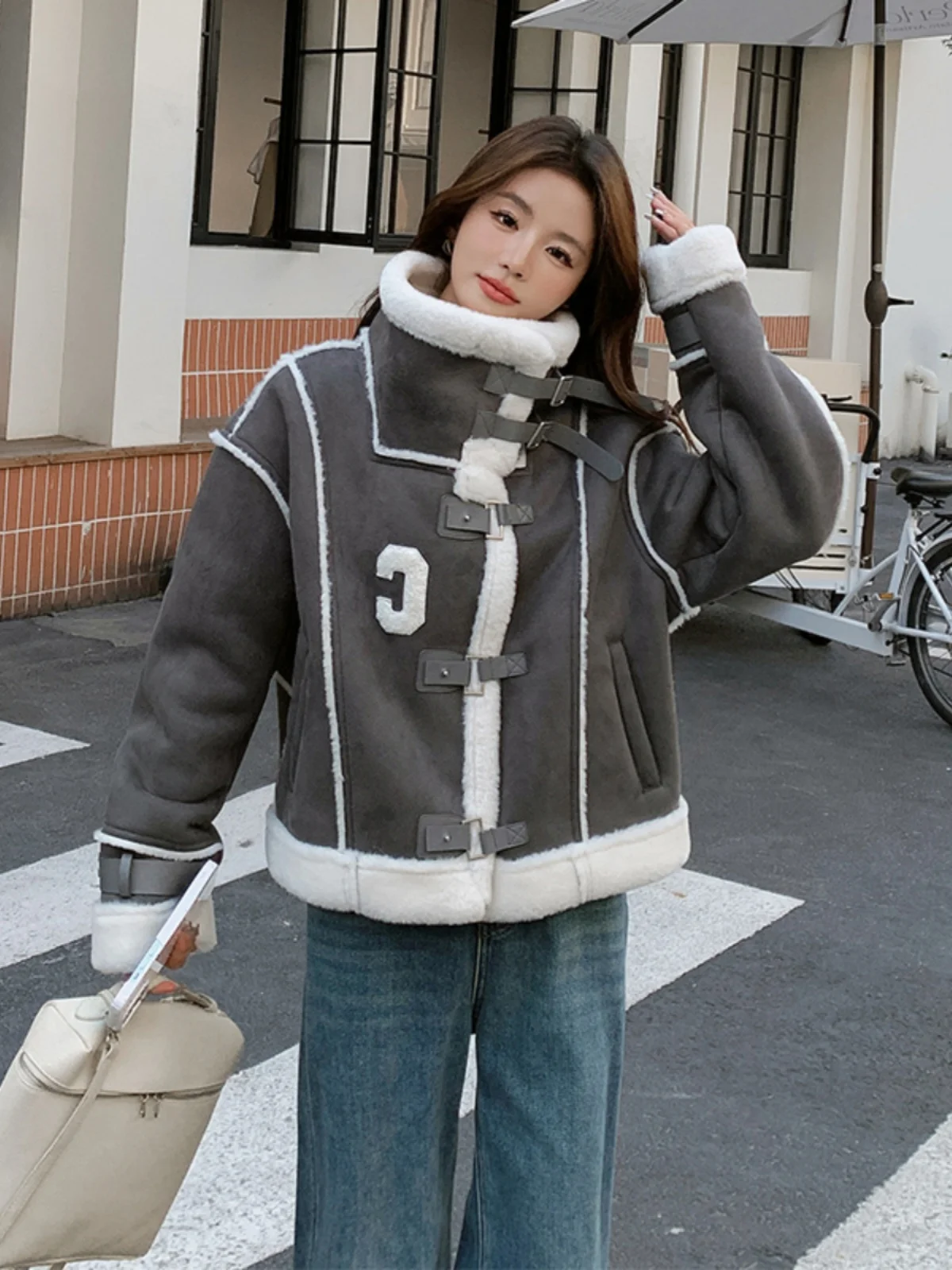 ay Suede Lamb Fur Jaet Women's ort Thiened Autumn Winter Design Unique Motorcycle Sle Commute Sle Long Sve