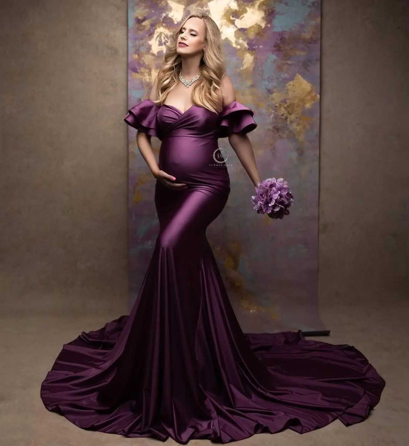 

Dark Purple Robe Maternity Dress for Baby Shower Mermaid Photo Shoot Vestiti Sposa Pregnant Women Gowns