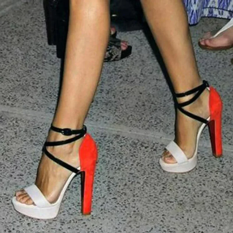 Sandalias de tacón grueso de charol naranja con plataforma de verano, Sandalias con hebilla y correa cruzada en el tobillo, vestido de banquete, calzado