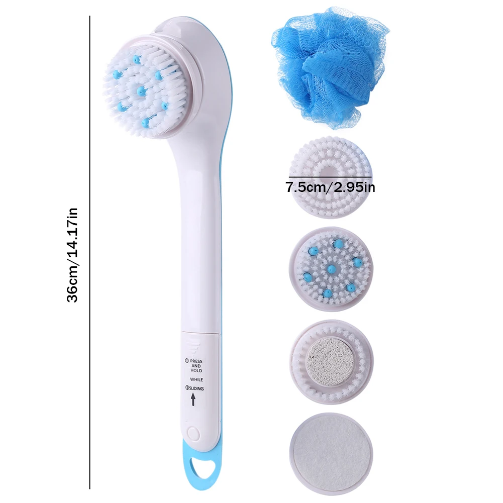 Massager Bath Brush Waterproof Rotating Scrubber Shower Brush Long Handle With 5 Brush Heads Skin Care Set for Body Face Feet