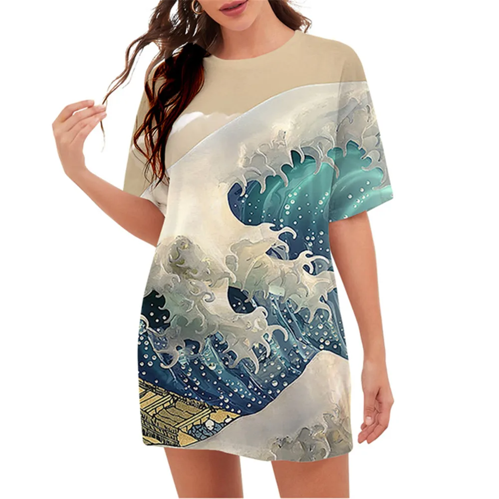 2023 Women Dress New Art Van Gogh The Starry Night 3D Printed Oversized Dress Short Sleeve O-Neck Loose Summer Vintage Clothing