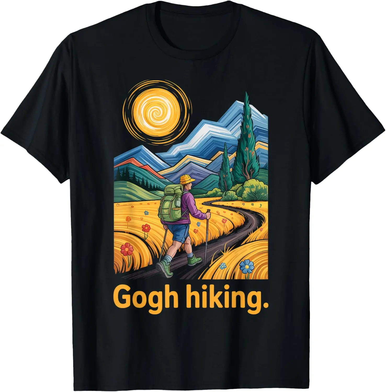 Gogh Hiking Funny Painter Mountain Trail Hiker Outdoor T-Shirt 100% Cotton Trendy Y2K Short-Sleeve Tee – Soft, Quick-Drying, & Moisture-Wicking; Ideal for Sports or Casual Wear; Great Gift for Christmas or Halloween.