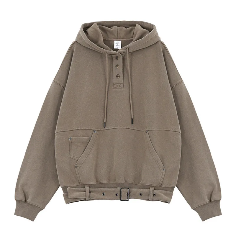 

Vintage Oversized Fleece Lined Sweatshirts Loose Streetwear Multi Pockets Pullover Hoodies For Male