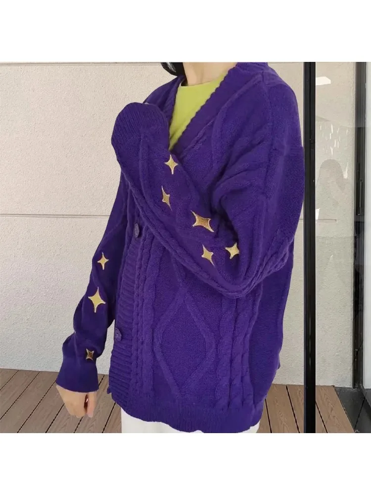 Swetry Streetwear Vintage Casual Single Breasted Long Sleeve Top Women Winter Loose Knitted Cardigans Coat Star Embroidery