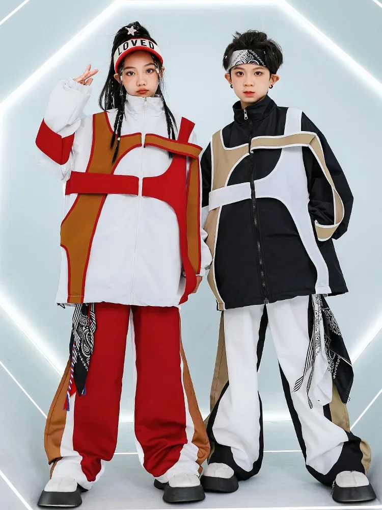 Dziewczęta Hip Hop Kontrastowa kurtka Spodnie sportowe Chłopcy Street Dance Płaszcz Streetwear Dzieci K-pop Jazz Zestaw ubrań Dzieci Mundury szkolne