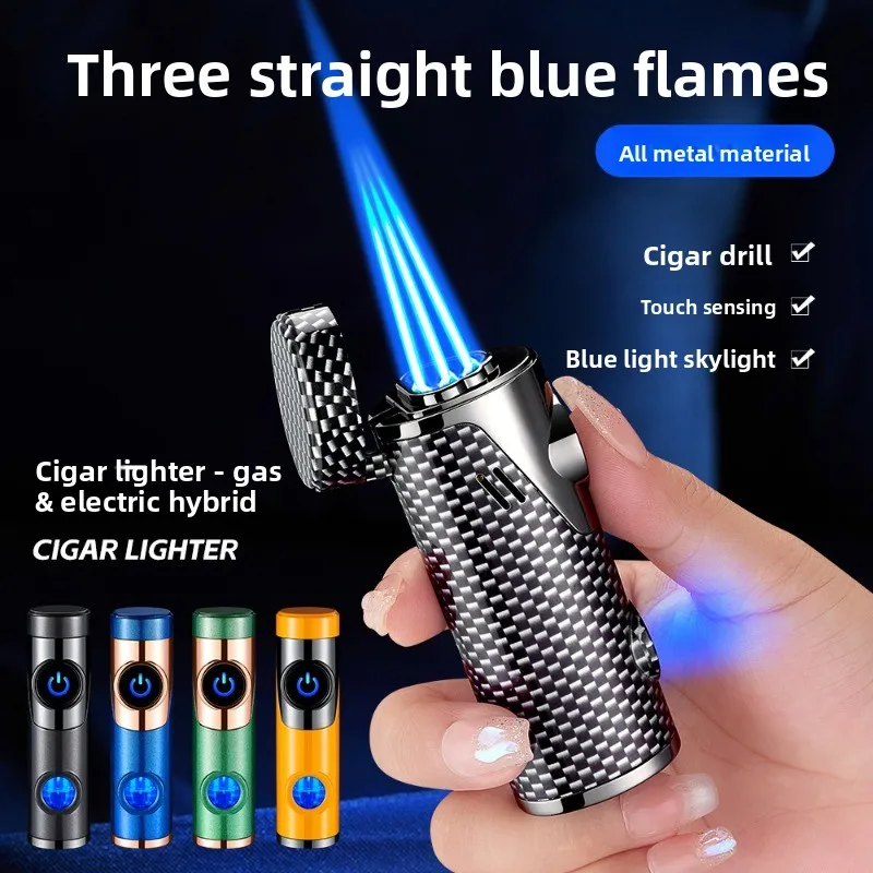 Three Jet Windproof Blue Flame Butane Gas Torch Lighter Visible Gas Blue Light Window Outdoor Portable Cigar Electric Lighters
