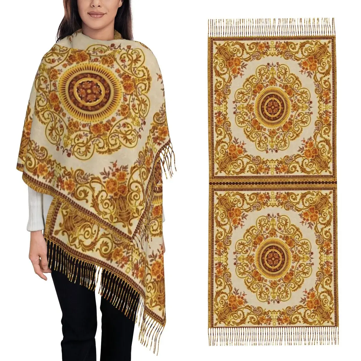 

Декоративный золотой медальон, шарф в стиле барокко, шарфы с кисточками, женские мягкие теплые шали и накидки, большая осенне-зимняя шаль